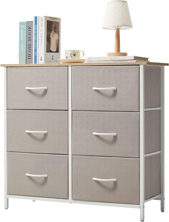 Ladekast met 6 Stoffen Ladekasten voor Slaapkamer Opbergtoren Kast Woonkamer Lichtgrijs Houten Blad Ladeblok