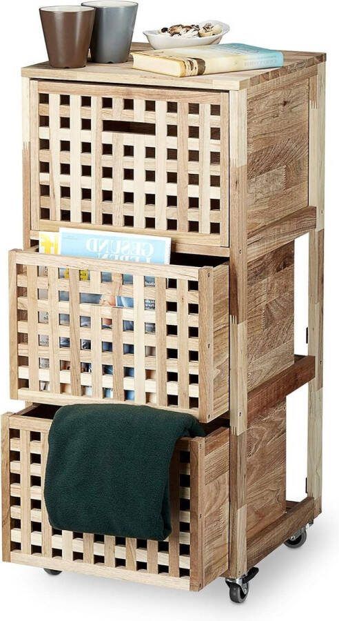 Ladekast op wielen 3 lades Walnoot hout Opbergtrolley HBD: ca. 915 x 404 x 404 cm Natuurlijke kleur Ladeblok