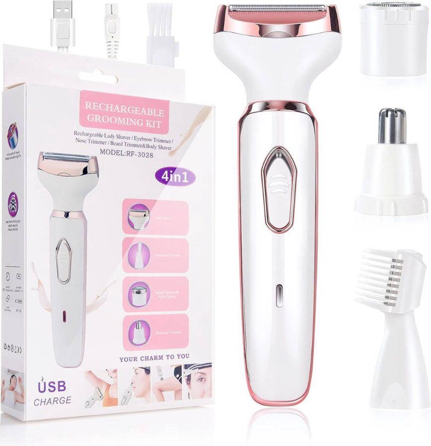 Ladyshave 4 in-1 Ladyshave voor Vrouwen Trimmer Vrouw Haarverwijderaar Oplaadbaar Nat en droog ontharen Wit