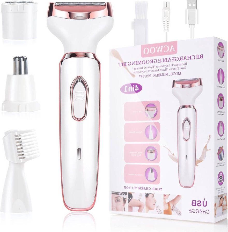 Ladyshave draadloos 4-in-1 elektrisch scheerapparaat voor dames oplaadbaar pijnloos Bikinitrimmer Nat en droog ontharen voor gezicht Benen Oksel neus en wenkbrauw scheerapparaat vrouw