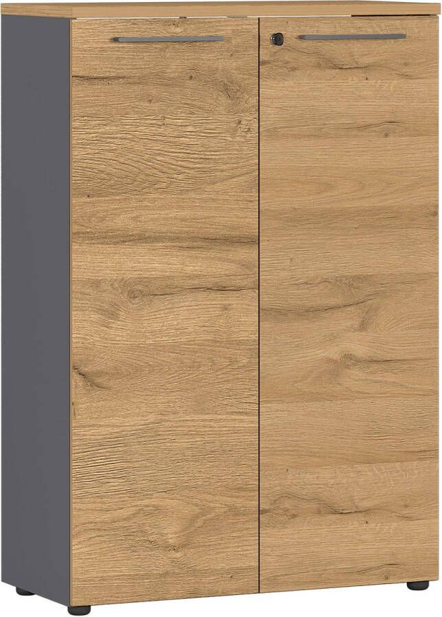 Lage dichte kantoorkast Ergonoma Eiken Grafiet Breedte 80 cm Hoogte 120 cm Diepte 40 cm Met planken Met openslaande deuren
