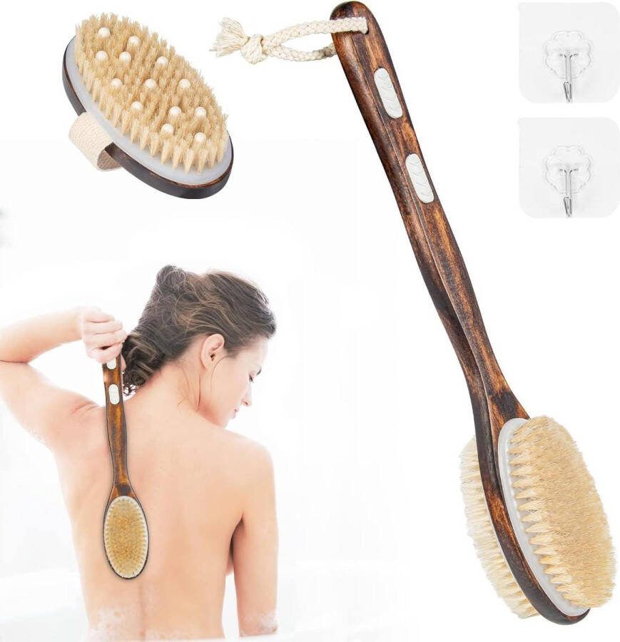 Lange handgreep badborstel voor rugscrub natuurlijke haren massage droog nat dubbelzijdige borstelkop