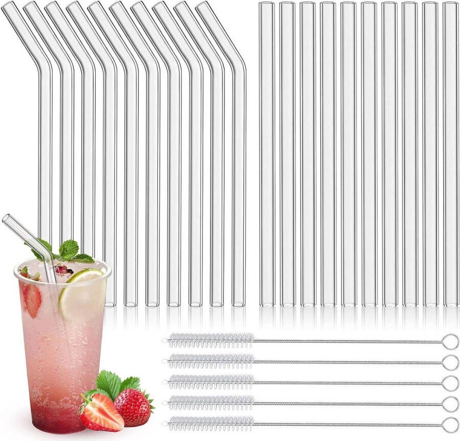 Lange herbruikbare glazen rietjes met 5 reinigingsborstels voor cocktailglazen bubble tea smoothies en sappen Glazen rietjes