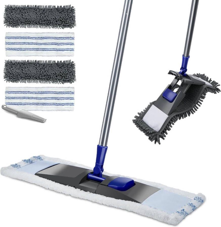 Lange microvezel-mop 360 graden rotatie chenille-mop voor droge en natte vloeren 4 opzetstukken roestvrijstalen staaf huis en keuken Mop
