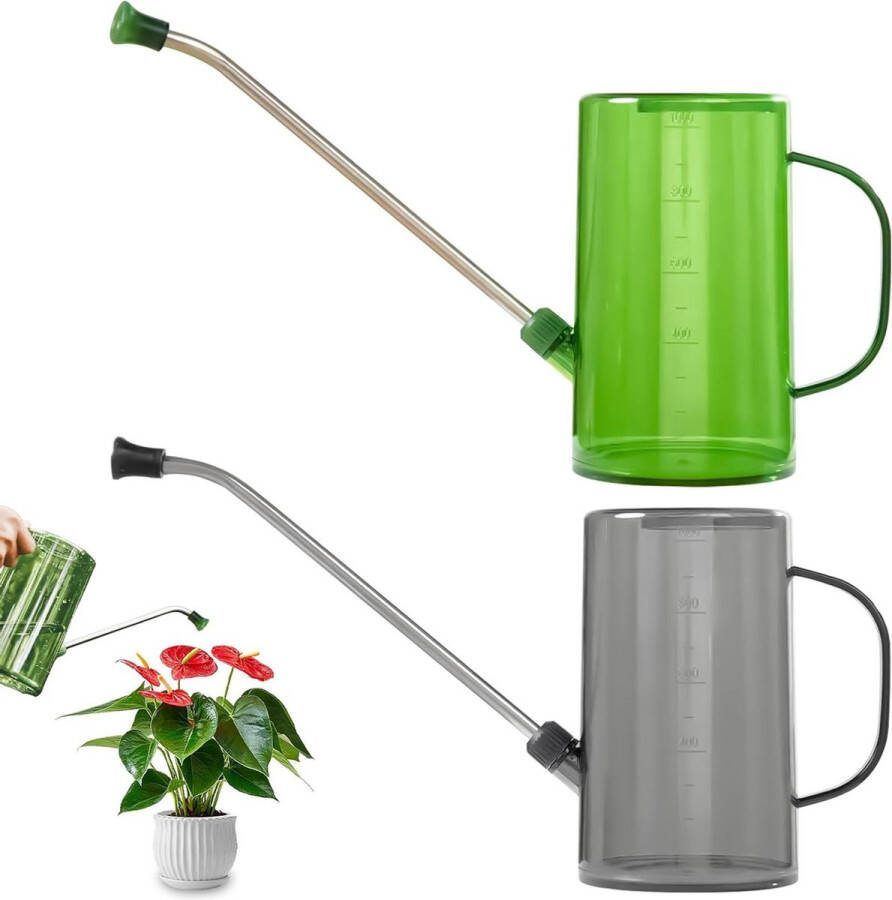 Lange uitloop gieter Set van 2 1L gieter met roestvrijstalen schenktuit voor planten in de tuin en kamer