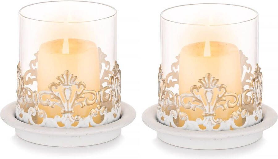 Lantaarn kandelaar decoratief wit set van 2 vintage theelichthouders 11 cm kandelaar metaal voor stompkaars theelichtjes kaarsen shabby chic decoratieve woonkamer tafeldecoratie
