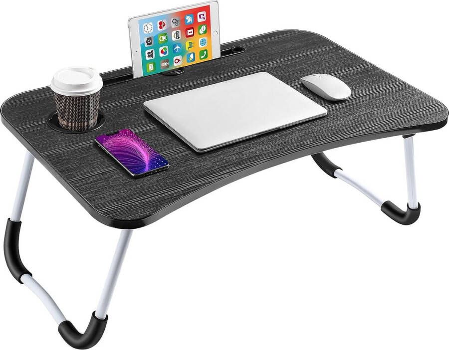 Laptopbedtafel draagbaar laptopbureau notebookstandaard leeshouder ontbijtblad met opvouwbare poten en bekersleuf