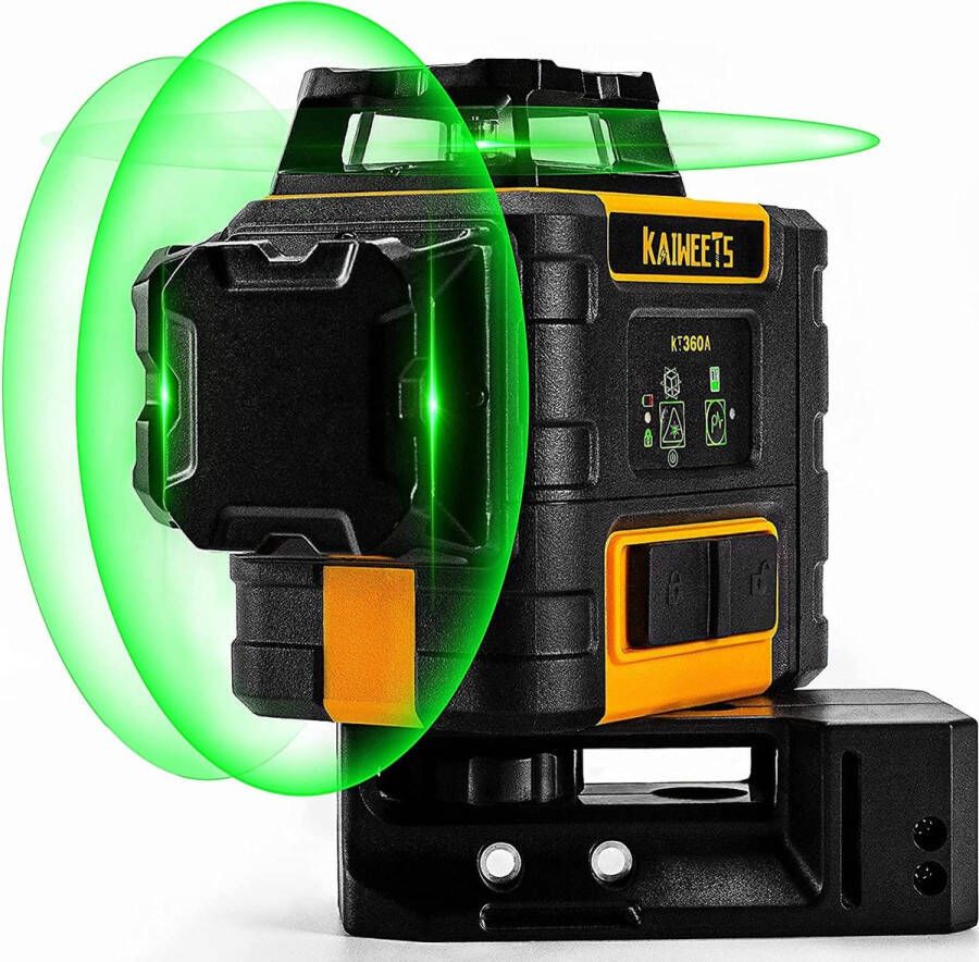 Laserwaterpas 3 x 360° Groen KAIWEETS Laser Niveau Professioneel Automatisch USB Opladen Zelfnivellering en Gepulseerde Modus Buitenshuis (Oplaadbare Batterijen Magnetische Houder en Draagtas))