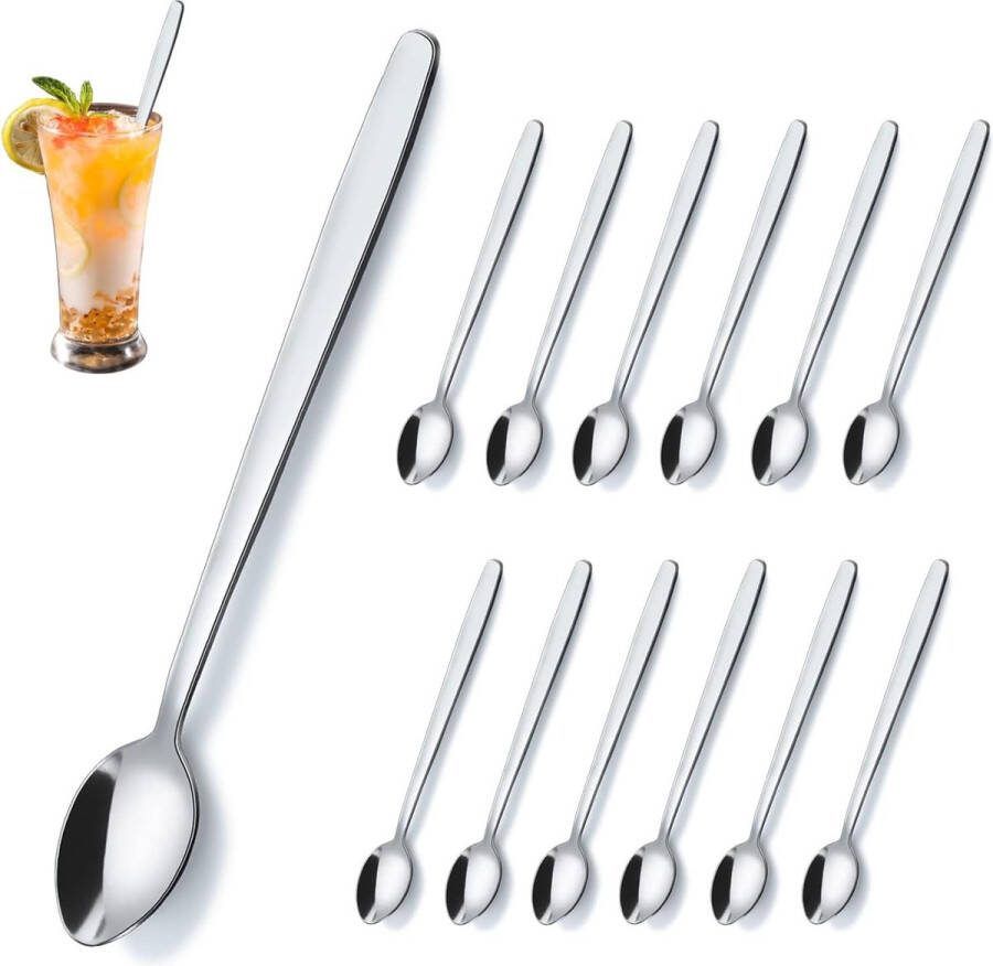 Latte Lepels 12 stuks koffielepelset (21 cm) vaatwasmachinebestendig theelepel latte lepel dessertlepel koffielepel ijslepel en lange theelepels voor keuken en huishouden