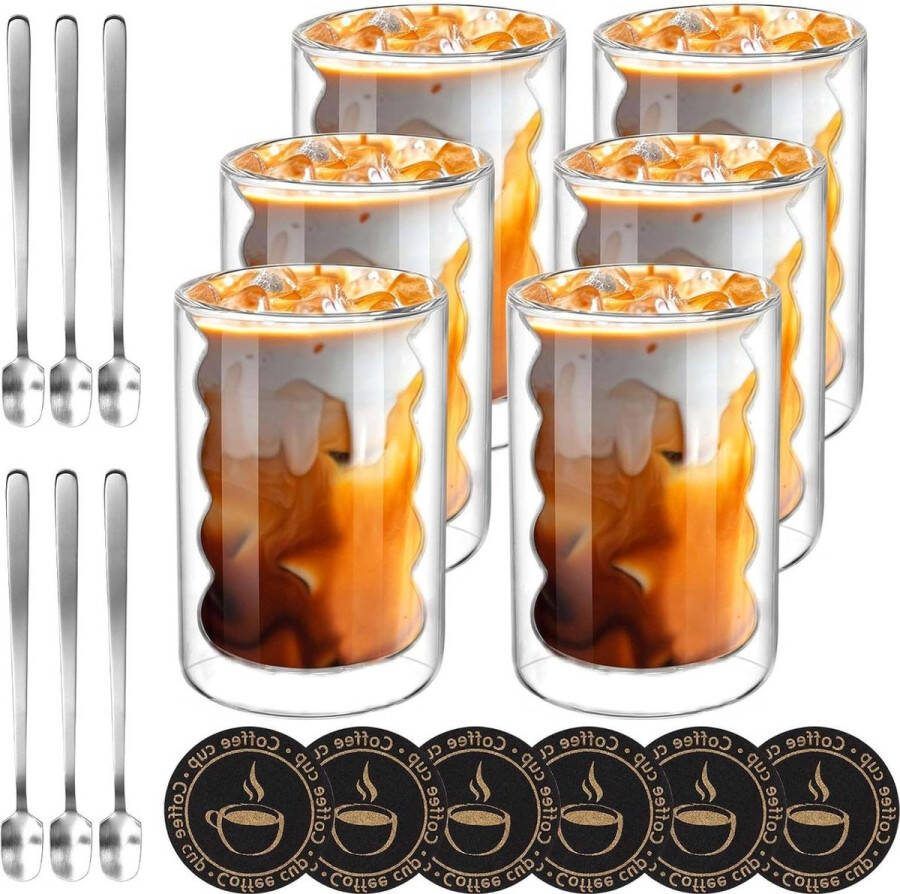 Latte Macchiato Glasses 350 ml with Spoons Coasters Double-Walled Borosilicate Glass Cappuccino Latte Tea Cappuchino glazen