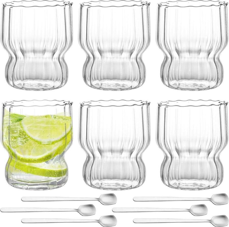 Latte macchiato-glazen 260 ml set van 6 cappuccino koffieglazen met lepels en geribbelde design vaatwasserbestendige dessertglazen Cappuchino glazen