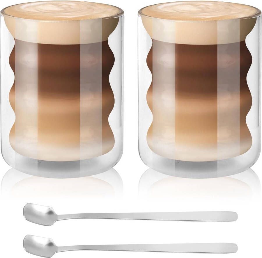 Latte macchiato-glazen dubbelwandig 200 ml cappuccinokopjes koffieglazen van borosilicaatglas thermoglas met 2 lepels ijsbekerglas dessertglazen 2-delige set