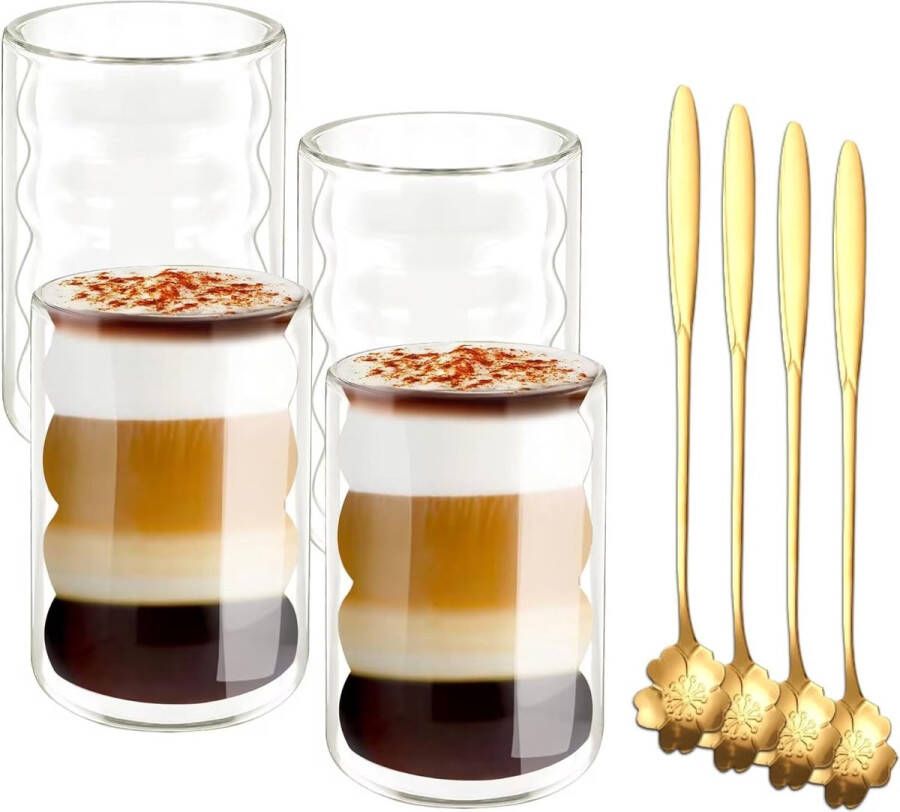 Latte Macchiato-glazen dubbelwandig 400 ml 4 stuks met 4 lepels dubbelwandige koffieglazen cappuccinokopjes spiraal-espressokopjes thermoglazen theeglazen van borosilicaatglas