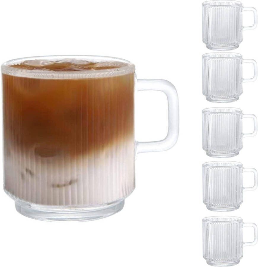 Latte macchiato-glazen met handvat verticale strepen koffieglas theeglas houdt lang warm perfect voor latte cappuccino dranken 6 stuks 350 ml