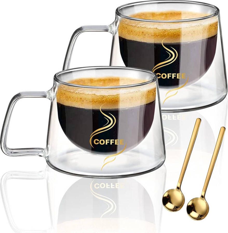 Latte macchiato glazen set van 2 x 200 ml + 2 x lepels dubbelwandig espressokopjes cappuccino kopjes latte macchiato ijskoffie koffieglazen cappuccinoglazen