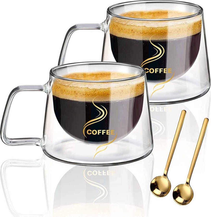 Latte Macchiato glazen set van 2 x 200 ml dubbelwandige glazen met handvat van borosilicaatglas koffieglazen met 2 koffielepels espresso-glazen voor espresso thee latte cola cappuccino drankje