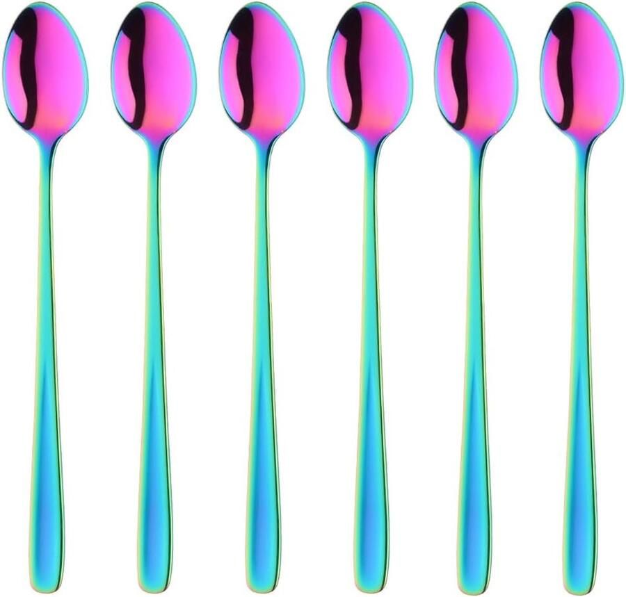 Latte macchiato lepel 18 10 roestvrij staal koffielepel lange steel cafe cappuccino lepel dessertlepel 20 cm longdrink lepel voor Nutella koffie 6 stuks grote yoghurtlepels (regenboog)