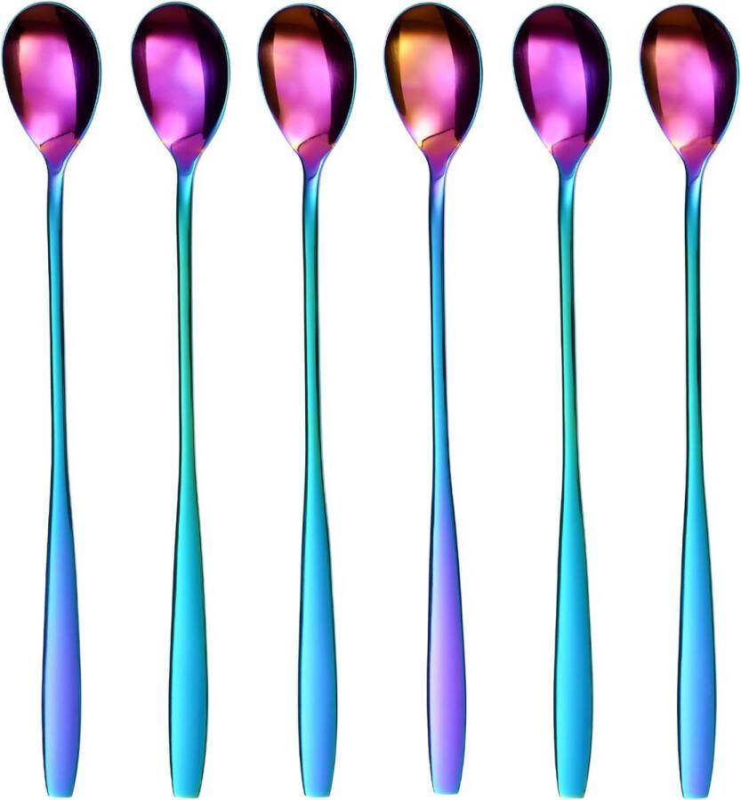 Latte Macchiato Lepelset regenboogkleuren 6-delig 22 cm lange lepel cocktaillelepel dessertlepel ijslepel lepel voor ijskoffie roestvrij staal vaatwasmachinebestendig