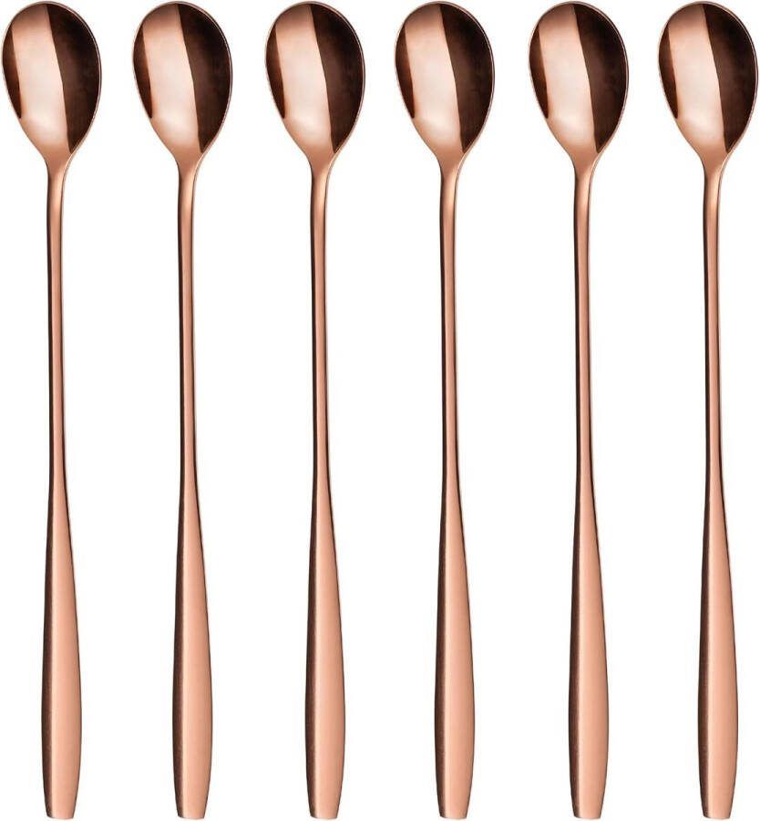 Latte macchiato lepelset roodgoud 6-delig 22 cm lange lepel voor cocktails en desserts roestvrij staal vaatwasmachinebestendig
