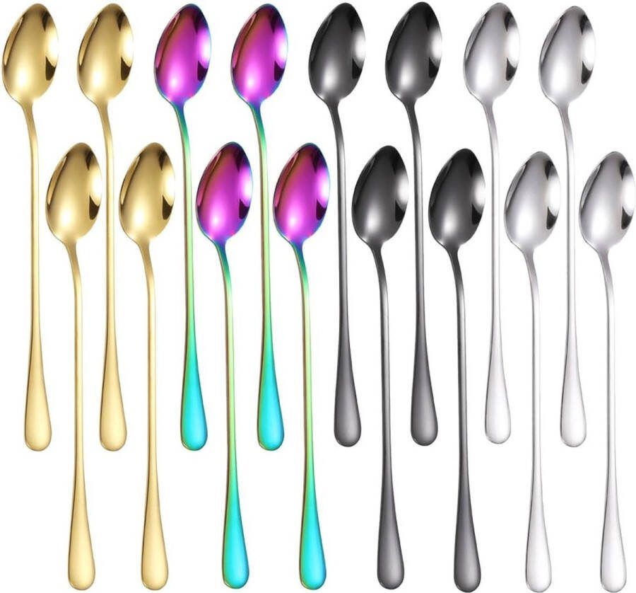 Lattelepels 16 stuks roestvrij staal 4 kleuren lange steel koffielepel roerder lepel voor dessert ijs espresso warme dranken 19 5 cm