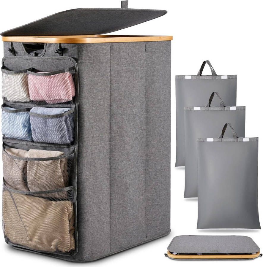 Laundry Hamper Laundry Basket 3 Compartments with Lid 160 L Upgrade Hanging Organiser Laundry Sorter Large Laundry Baskets Foldable Laundry Baskets Bamboo Fabric Laundry Box for Dirty Laundry