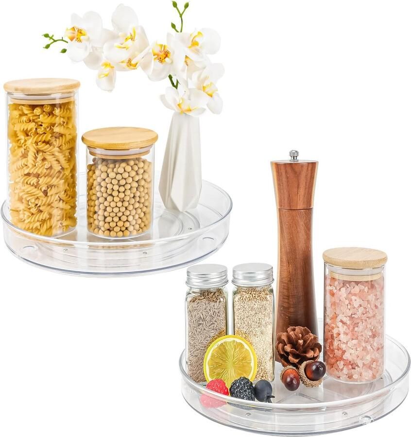 Lazy Susan Draaiplateau organizer 23 5 cm 2 stuks draaiplateau kruidenrek 360 graden koelkast draaibaar dienblad rond keukenrek draaiplateau voor zout kruidenpotjes transparante