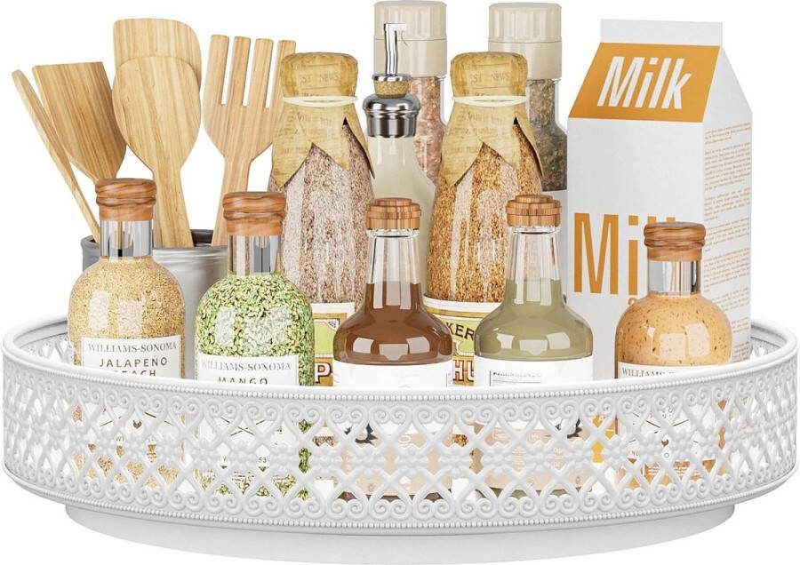 Lazy Susan Draaitafel Organizer 33 cm Roterend Metalen Kruidenrek Kruidenopslag voor Kast Pantry Keuken Bloemen Wit