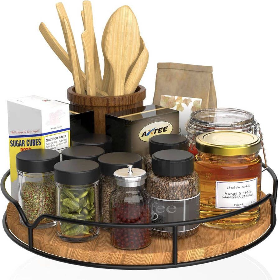 Lazy Susan Draaitafel Organizer voor Kast Pantry Keuken Aanrecht Koelkast Kast Dennenhout 9 inch Koolzuurhoudend Zwart
