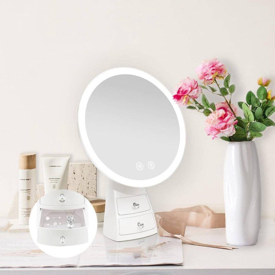 LED-Cosmeticaspiegel Makeup Spiegel met 3 Lichtkleuren en Aanraakschakelaar Staande Spiegel met 2 Kleine Lades Dimbaar Verstelbaar Draaibaar USB-Voeding
