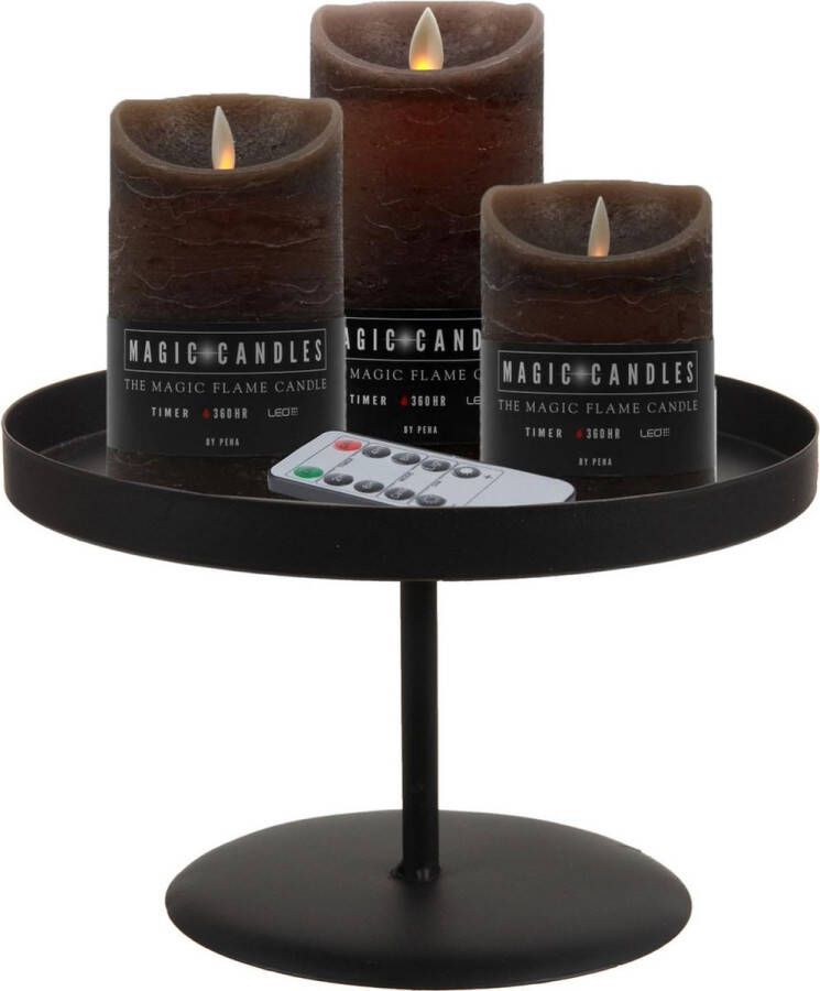 Merkloos LED kaarsen 3x st bruin met zwart rond dienblad 22 cm LED kaarsen