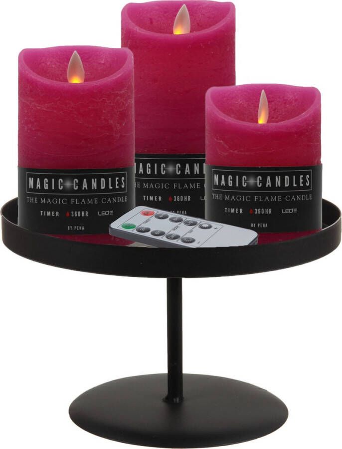 Merkloos LED kaarsen 3x st fuchsia roze met zwart rond dienblad 22 cm LED kaarsen