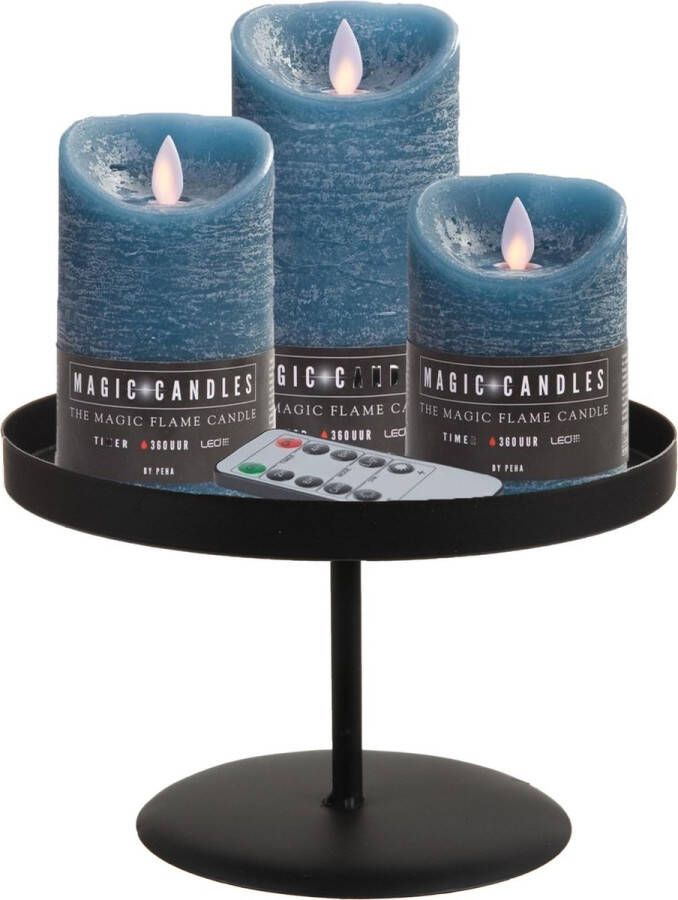 Merkloos LED kaarsen 3x st jeans blauw met zwart rond dienblad 22 cm LED kaarsen