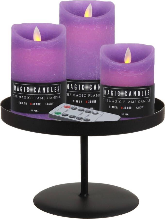 Merkloos LED kaarsen 3x st lavendel paars met zwart rond dienblad 22 cm LED kaarsen