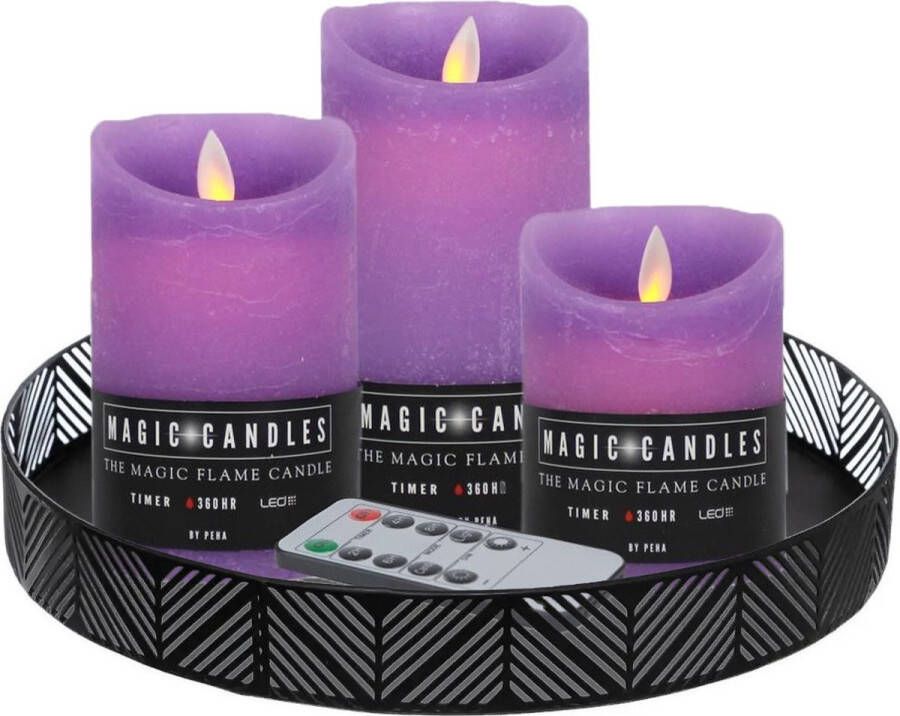 Merkloos LED kaarsen 3x st lavendel paars met zwart rond dienblad 29 5 cm LED kaarsen