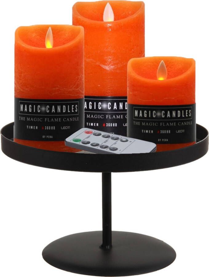 Merkloos LED kaarsen 3x st oranje met zwart rond dienblad 22 cm LED kaarsen