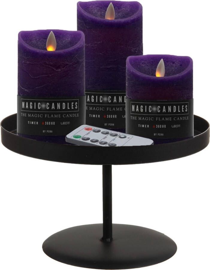 Merkloos LED kaarsen 3x st paars met zwart rond dienblad 22 cm LED kaarsen
