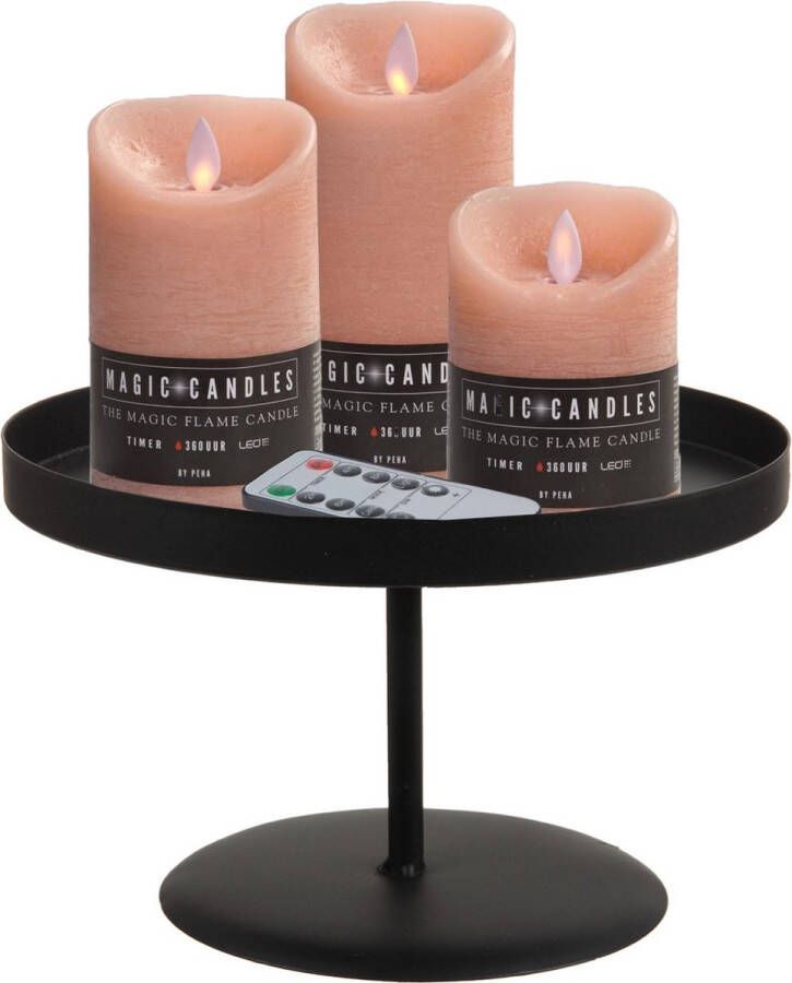 Merkloos LED kaarsen 3x st zalm roze met zwart rond dienblad 22 cm LED kaarsen