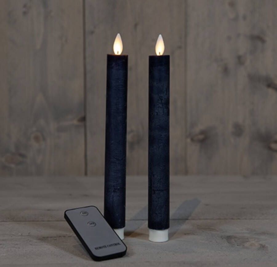 LED kaarsen met bewegende vlam 2x Donkerblauw Dark Blue Afstandsbediening Dinerkaars rustiek wax 23 cm LED kaars batterij