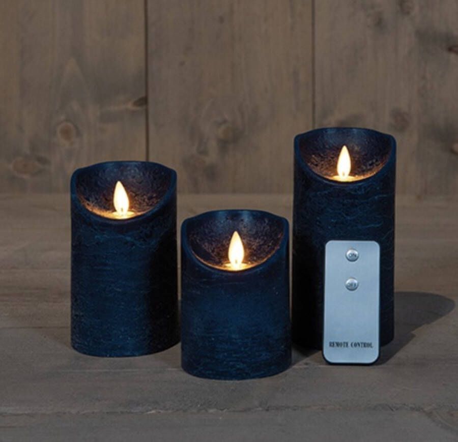 LED kaarsen met bewegende vlam 3x Donkerblauw Dark Blue Afstandsbediening Stompkaars rustiek wax LED kaars batterij 7.5 x 10 12.5 15 cm
