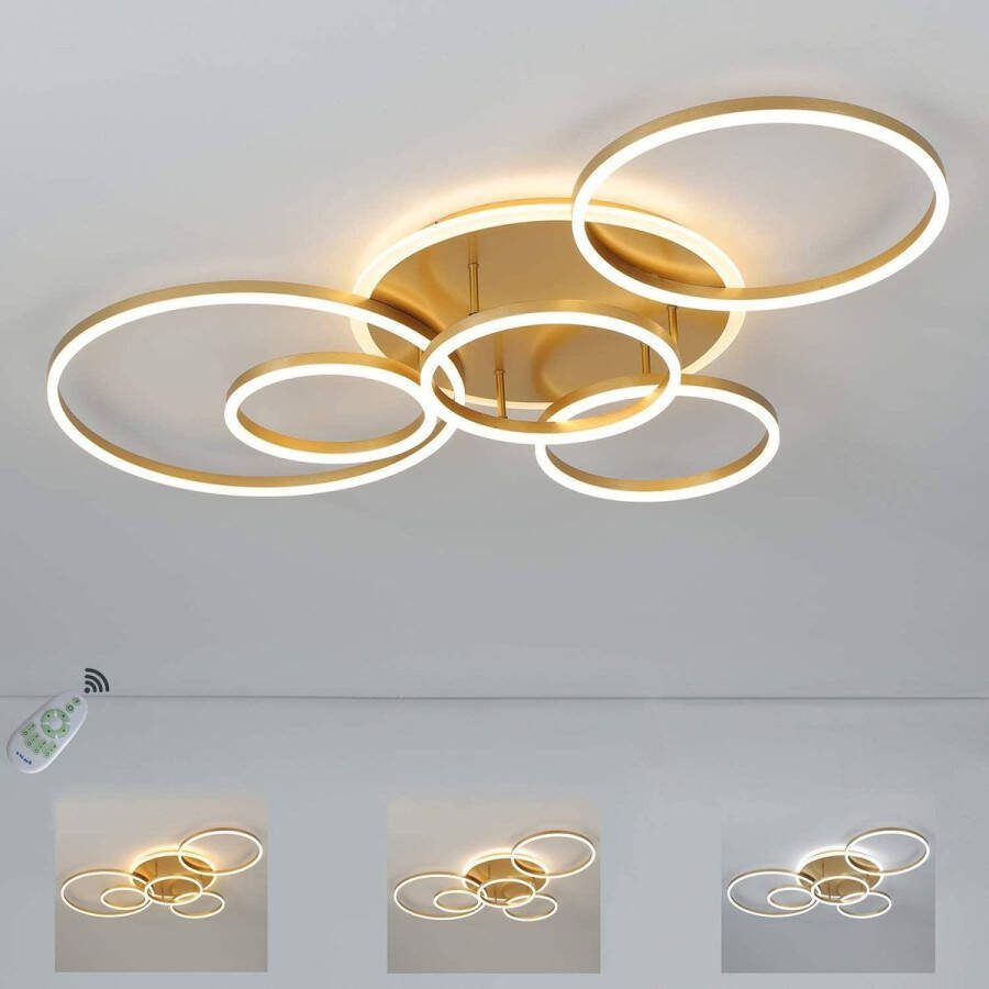 Led Plafondlamp Dimbaar met Afstandsbediening 6 Ringen 108 Watt 3300 lumen Energieklasse A ++ Design Goud Wit Plafonniere Modern led lamp Woonkamer Kamer Eetkamer Eettafel Keuken Slaapkamer Cafe Restaurant -Horeca