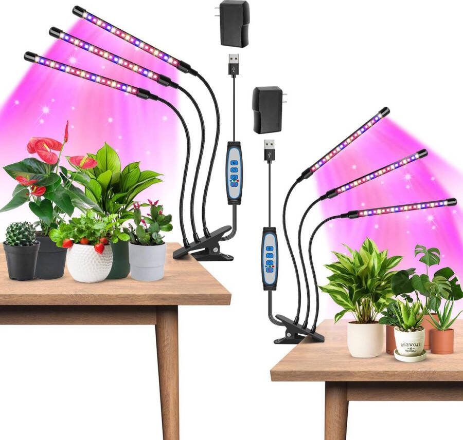 Led-plantenlamp 2 stuks 3 koppen volledig spectrum voor kamerplanten 120 leds plantenlicht met 3 modi wisselen en automatisch aan uit 6 12 16 uur timer 5 helderheidsniveaus