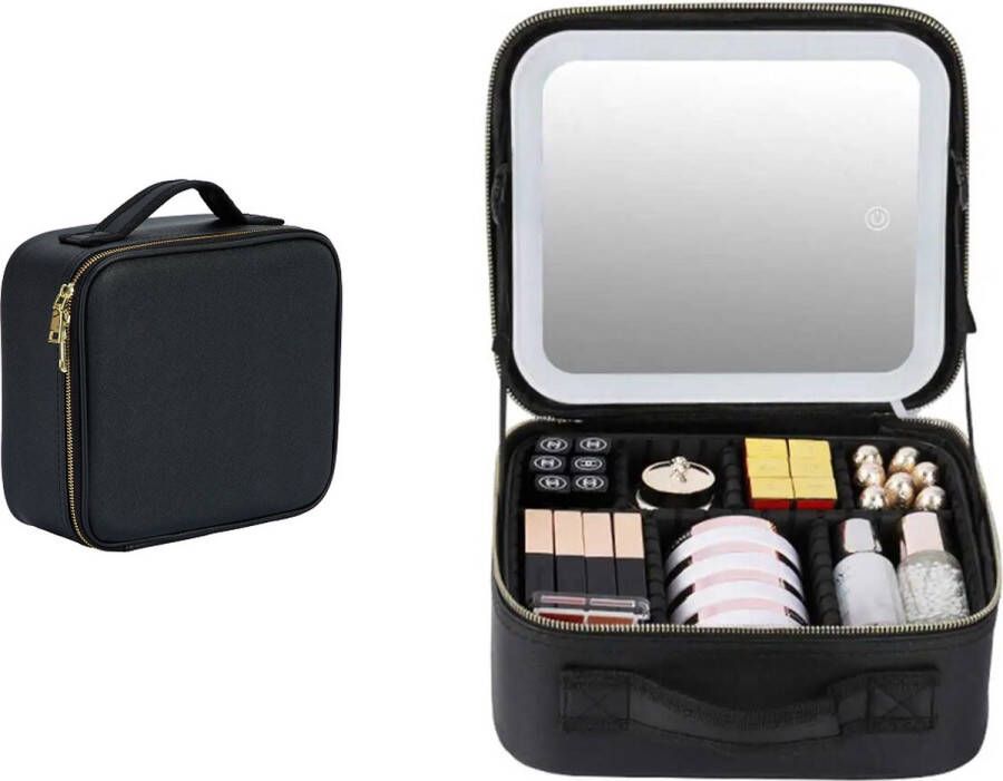 LED Spiegel Make Up Organizer Make Up Koffer Beautycase Verstelbare Vakken Tas Makeup Reistas Black