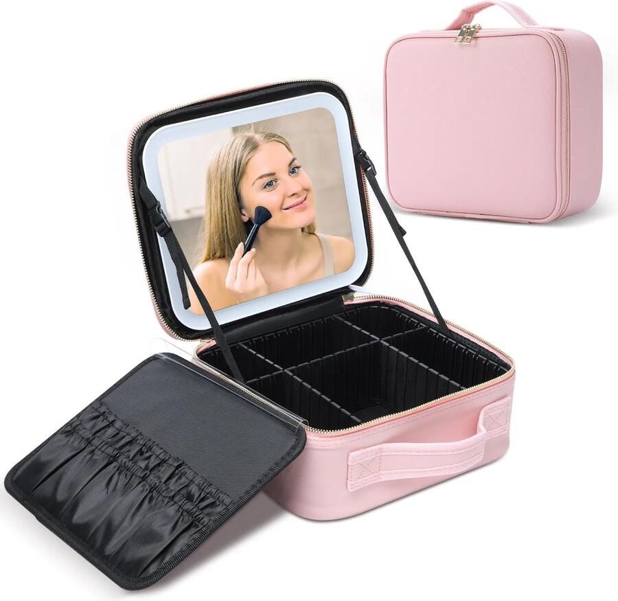 LED Spiegel Make Up Organizer Make Up Koffer Beautycase Verstelbare Vakken Tas Makeup Reistas Roze