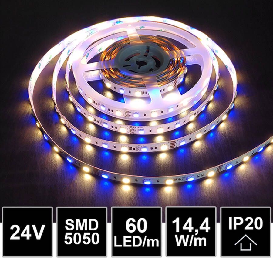 LED Strip -5 Meter -Hoogwaardige SMD5050- RGBW -Rood Groen Blauw 3000K (Warm wit licht )- Dimbaar -12V -Snijdbaar 10cm