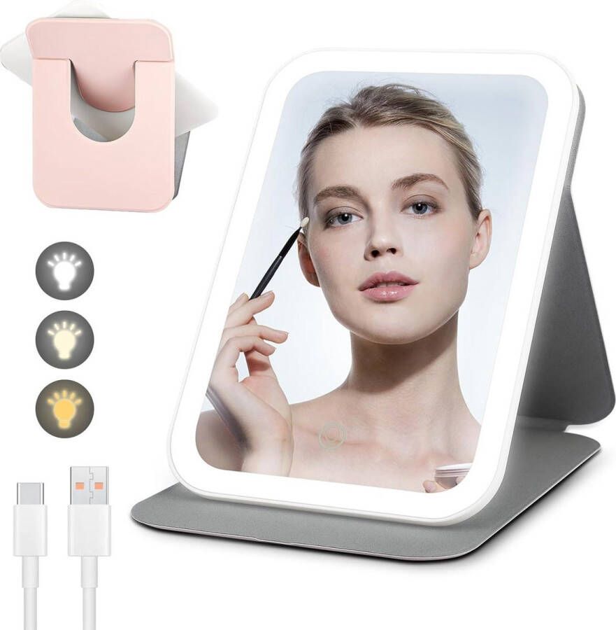 LED Verlichte Oplaadbare Make-up Spiegel Verstelbare Lichtkleuren Draagbaar & Opvouwbaar Dimbare Reisspiegel met Licht