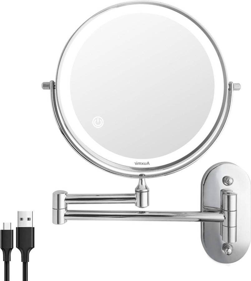 Led-Verlichting Dimbare Wandspiegel 1X 5X Vergroting Touch-Schakelaar USB Oplaadbaar Makeup Spiegel Dubbelzijdig 360° Draaibaar Wandmontage Badkamer Spa Hotel
