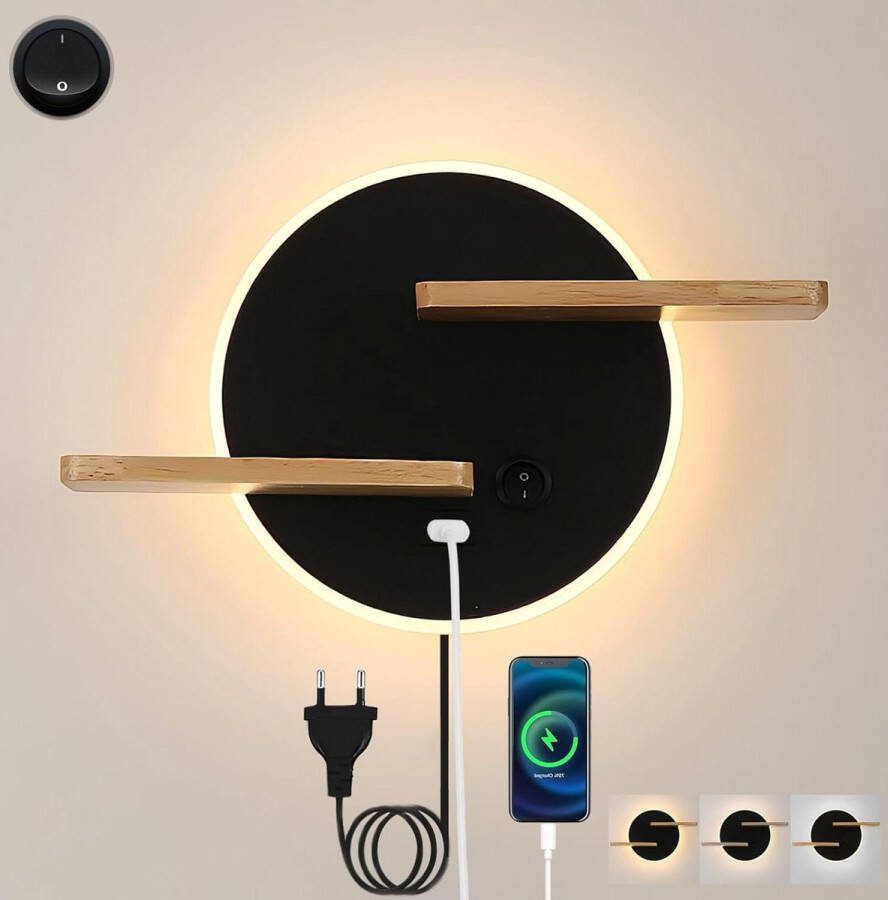 LED Wandlamp Dimbaar met USB-aansluiting Zwart Nachtlampje voor Slaapkamer en Woonkamer