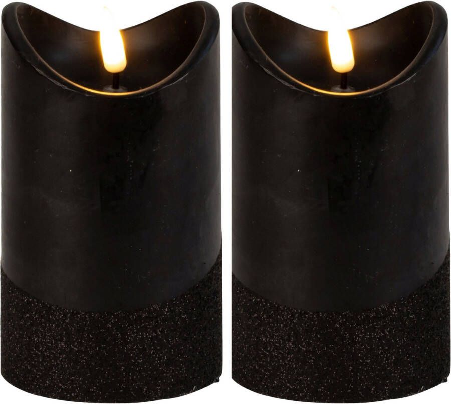 Merkloos Led wax stompkaarsen 2x zwart H12 5 x D7 5 cm warm wit licht LED kaarsen