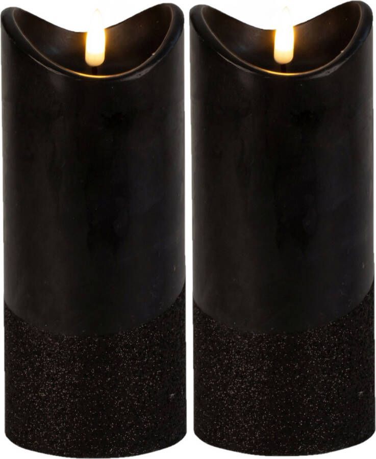 Merkloos Led wax stompkaarsen- 2x zwart H17 5 x D7 5 cm warm wit licht LED kaarsen