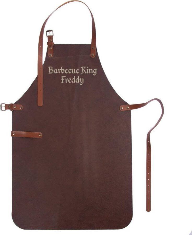 Lederen BBQ schort donkerbruin met naam geborduurd gepersonaliseerd